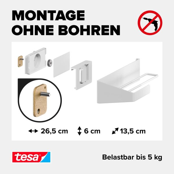 tesa Küchenrollenhalter – zum Kleben Papierrollenhalter für mehr Ordnung in der Küche - horizontale oder vertikale Montage - Küchenzubehör - mit Adapter, Wandmontage ohne Bohren - Weiß 4