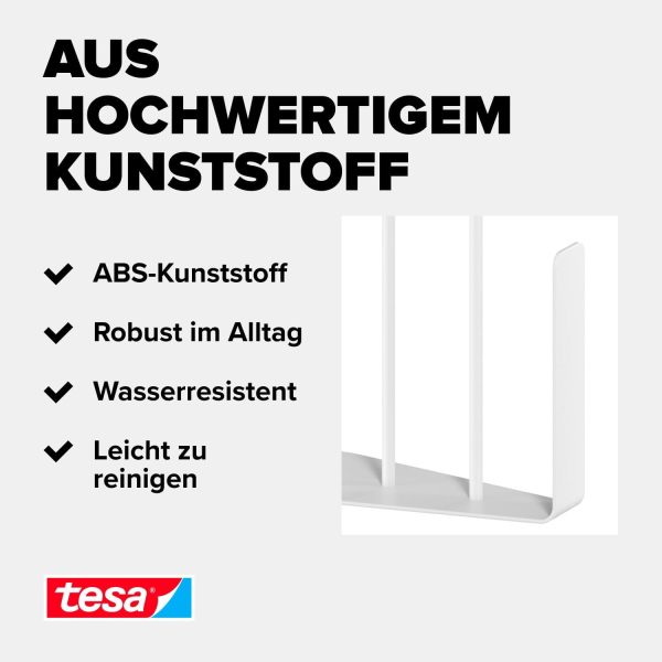 tesa Küchenrollenhalter – zum Kleben Papierrollenhalter für mehr Ordnung in der Küche - horizontale oder vertikale Montage - Küchenzubehör - mit Adapter, Wandmontage ohne Bohren - Weiß 6