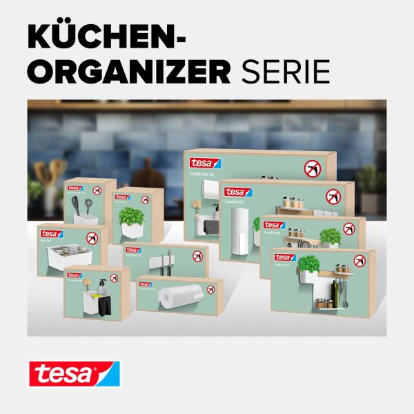 tesa Küchenrollenhalter – zum Kleben Papierrollenhalter für mehr Ordnung in der Küche - horizontale oder vertikale Montage - Küchenzubehör - mit Adapter, Wandmontage ohne Bohren - Weiß 7