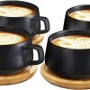 VETIN 4 Stücke Cappuccino Tassen mit Unterteller, Tasse Marmor, 300 ml Espressotassen aus Porzellan für Tee Kaffee Cappuccino, Kaffee-Tassen mit Holzscheibe (Schwarz*4) 26