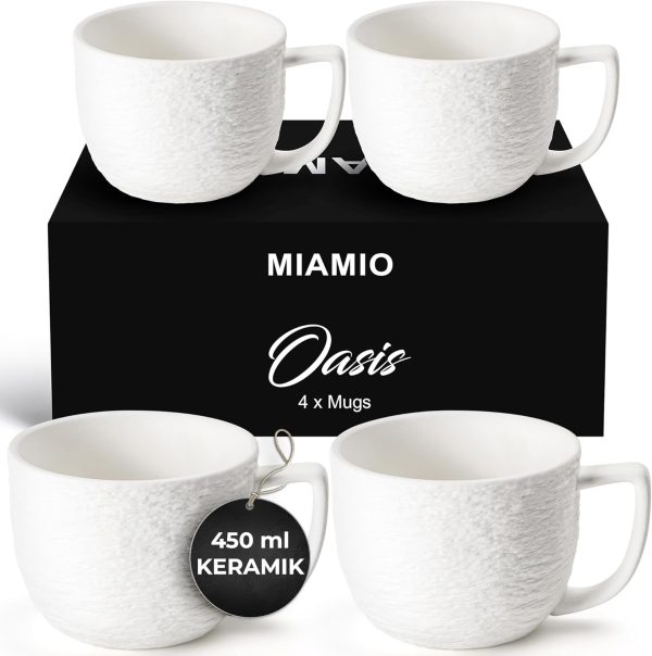 MIAMIO - Kaffee Tassen Set 4er / weiße Kaffeebecher 450 ml/Tasse für Kaffee, Latte Macchiato, Tee, Espresso - Oasis Kollektion 1