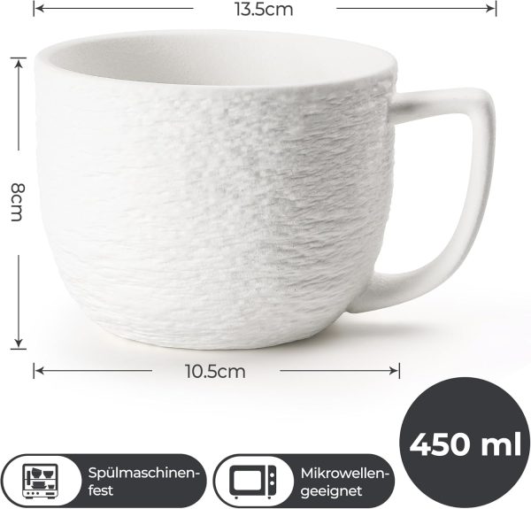 MIAMIO - Kaffee Tassen Set 4er / weiße Kaffeebecher 450 ml/Tasse für Kaffee, Latte Macchiato, Tee, Espresso - Oasis Kollektion 2