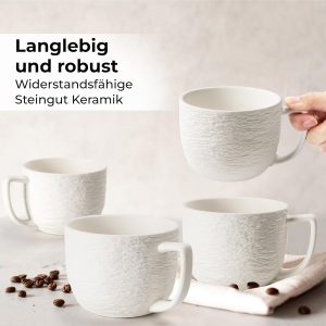 MIAMIO - Kaffee Tassen Set 4er / weiße Kaffeebecher 450 ml/Tasse für Kaffee, Latte Macchiato, Tee, Espresso - Oasis Kollektion 15