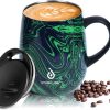 Ideus® Kaffeebecher 470 ml (16 oz), doppelwandige vakuumisolierte Kaffee- und Teetasse aus Edelstahl mit rutschfestem Griff und Schiebemoduldeckel und großem Volumen (Grüne Welle) 25