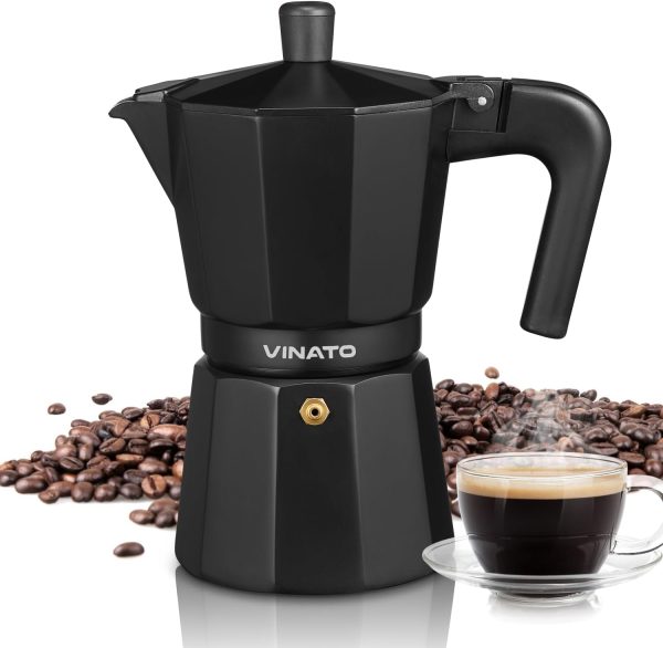 VINATO Espressokocher, Aluminium Espressokocher für die Herdplatte, Italienische Kaffeekocher, Kaffeekocher Camping, Moka-Kanne 6 Tassen, mit Sicherheitsventil, Schwarz 1