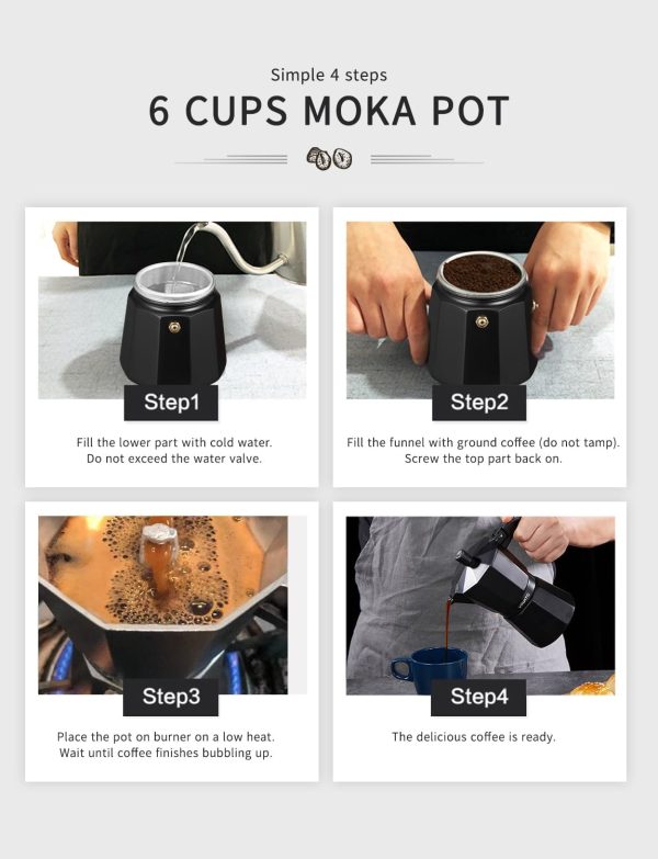 VINATO Espressokocher, Aluminium Espressokocher für die Herdplatte, Italienische Kaffeekocher, Kaffeekocher Camping, Moka-Kanne 6 Tassen, mit Sicherheitsventil, Schwarz 2