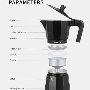 VINATO Espressokocher, Aluminium Espressokocher für die Herdplatte, Italienische Kaffeekocher, Kaffeekocher Camping, Moka-Kanne 6 Tassen, mit Sicherheitsventil, Schwarz 12