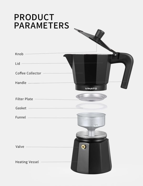 VINATO Espressokocher, Aluminium Espressokocher für die Herdplatte, Italienische Kaffeekocher, Kaffeekocher Camping, Moka-Kanne 6 Tassen, mit Sicherheitsventil, Schwarz 4