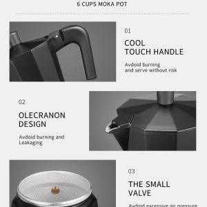 VINATO Espressokocher, Aluminium Espressokocher für die Herdplatte, Italienische Kaffeekocher, Kaffeekocher Camping, Moka-Kanne 6 Tassen, mit Sicherheitsventil, Schwarz 14