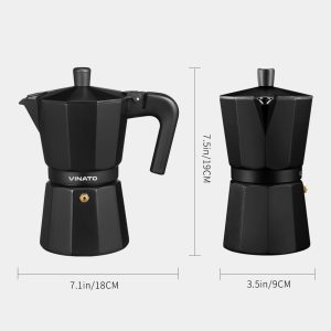 VINATO Espressokocher, Aluminium Espressokocher für die Herdplatte, Italienische Kaffeekocher, Kaffeekocher Camping, Moka-Kanne 6 Tassen, mit Sicherheitsventil, Schwarz 18