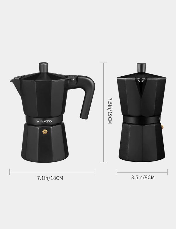 VINATO Espressokocher, Aluminium Espressokocher für die Herdplatte, Italienische Kaffeekocher, Kaffeekocher Camping, Moka-Kanne 6 Tassen, mit Sicherheitsventil, Schwarz 7