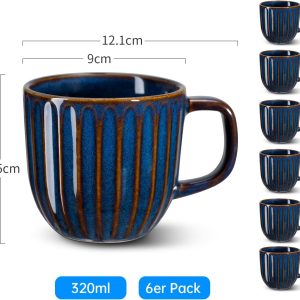 Kaffeebecher Set 6 Stück, Tassen Set 320ml Kaffeetassen aus Porzellan mit Henkel, Teetasse 6erGroß Milchkaffeetasse Kaffeepott für Espresso Cappuccino 12
