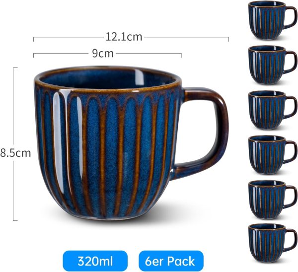 Kaffeebecher Set 6 Stück, Tassen Set 320ml Kaffeetassen aus Porzellan mit Henkel, Teetasse 6erGroß Milchkaffeetasse Kaffeepott für Espresso Cappuccino 5