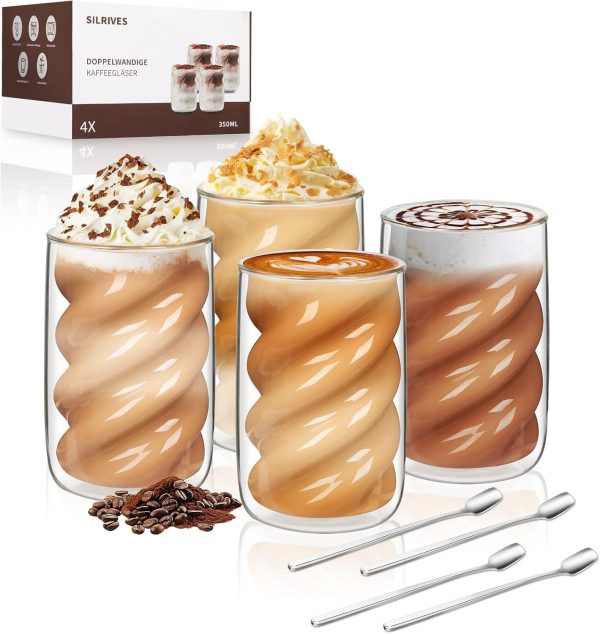 SILRIVES Latte Macchiato Gläser Doppelwandig 350ml 4er Set mit 4 Löffeln,Kaffeegläser aus Borosilikatglas,Isolierende Espressotassen, Cappuccino Gläser,Eiskaffee Gläser,Teegläser,Thermogläser 1