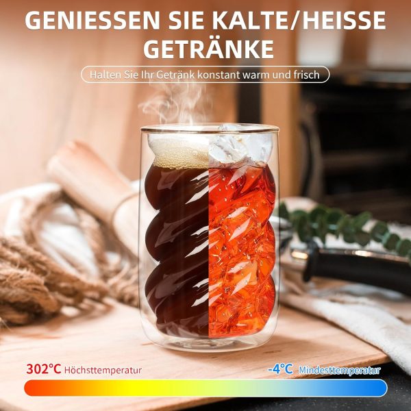 SILRIVES Latte Macchiato Gläser Doppelwandig 350ml 4er Set mit 4 Löffeln,Kaffeegläser aus Borosilikatglas,Isolierende Espressotassen, Cappuccino Gläser,Eiskaffee Gläser,Teegläser,Thermogläser 2