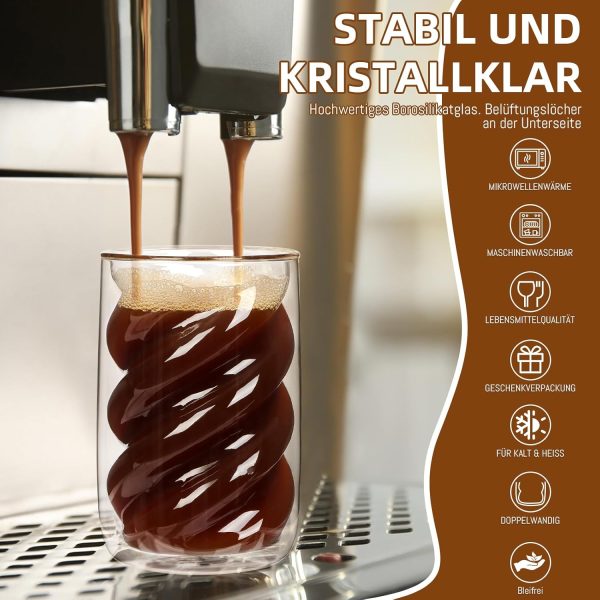 SILRIVES Latte Macchiato Gläser Doppelwandig 350ml 4er Set mit 4 Löffeln,Kaffeegläser aus Borosilikatglas,Isolierende Espressotassen, Cappuccino Gläser,Eiskaffee Gläser,Teegläser,Thermogläser 4