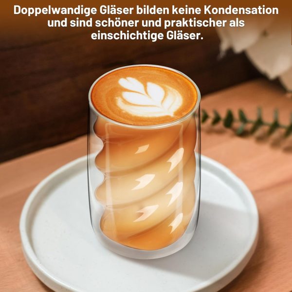 SILRIVES Latte Macchiato Gläser Doppelwandig 350ml 4er Set mit 4 Löffeln,Kaffeegläser aus Borosilikatglas,Isolierende Espressotassen, Cappuccino Gläser,Eiskaffee Gläser,Teegläser,Thermogläser 6