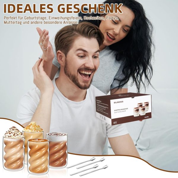 SILRIVES Latte Macchiato Gläser Doppelwandig 350ml 4er Set mit 4 Löffeln,Kaffeegläser aus Borosilikatglas,Isolierende Espressotassen, Cappuccino Gläser,Eiskaffee Gläser,Teegläser,Thermogläser 7