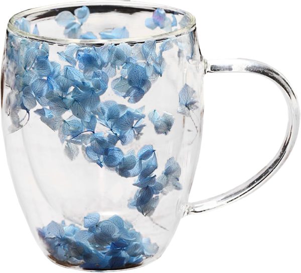 EABYMOR Doppelwandiger isolierter Kaffeebecher, getrocknete Blumen, Glas-Kaffeetassen, geschichtete Getränketasse, Espressotassen, ästhetisch für Frauen, 350 ml, Blau 1