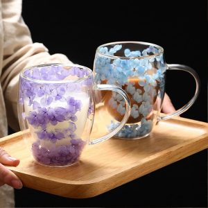 EABYMOR Doppelwandiger isolierter Kaffeebecher, getrocknete Blumen, Glas-Kaffeetassen, geschichtete Getränketasse, Espressotassen, ästhetisch für Frauen, 350 ml, Blau 10