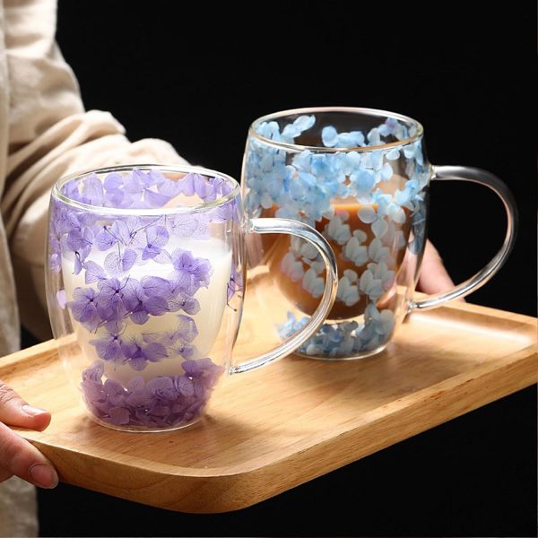 EABYMOR Doppelwandiger isolierter Kaffeebecher, getrocknete Blumen, Glas-Kaffeetassen, geschichtete Getränketasse, Espressotassen, ästhetisch für Frauen, 350 ml, Blau 3
