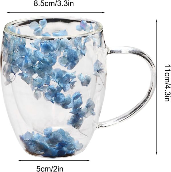 EABYMOR Doppelwandiger isolierter Kaffeebecher, getrocknete Blumen, Glas-Kaffeetassen, geschichtete Getränketasse, Espressotassen, ästhetisch für Frauen, 350 ml, Blau 4
