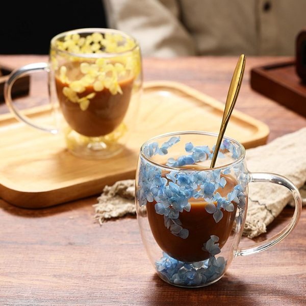 EABYMOR Doppelwandiger isolierter Kaffeebecher, getrocknete Blumen, Glas-Kaffeetassen, geschichtete Getränketasse, Espressotassen, ästhetisch für Frauen, 350 ml, Blau 5