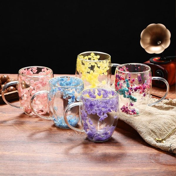 EABYMOR Doppelwandiger isolierter Kaffeebecher, getrocknete Blumen, Glas-Kaffeetassen, geschichtete Getränketasse, Espressotassen, ästhetisch für Frauen, 350 ml, Blau 6