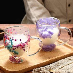 EABYMOR Doppelwandiger isolierter Kaffeebecher, getrocknete Blumen, Glas-Kaffeetassen, geschichtete Getränketasse, Espressotassen, ästhetisch für Frauen, 350 ml, Blau 18