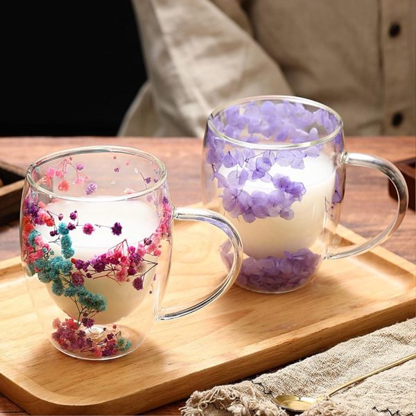 EABYMOR Doppelwandiger isolierter Kaffeebecher, getrocknete Blumen, Glas-Kaffeetassen, geschichtete Getränketasse, Espressotassen, ästhetisch für Frauen, 350 ml, Blau 7