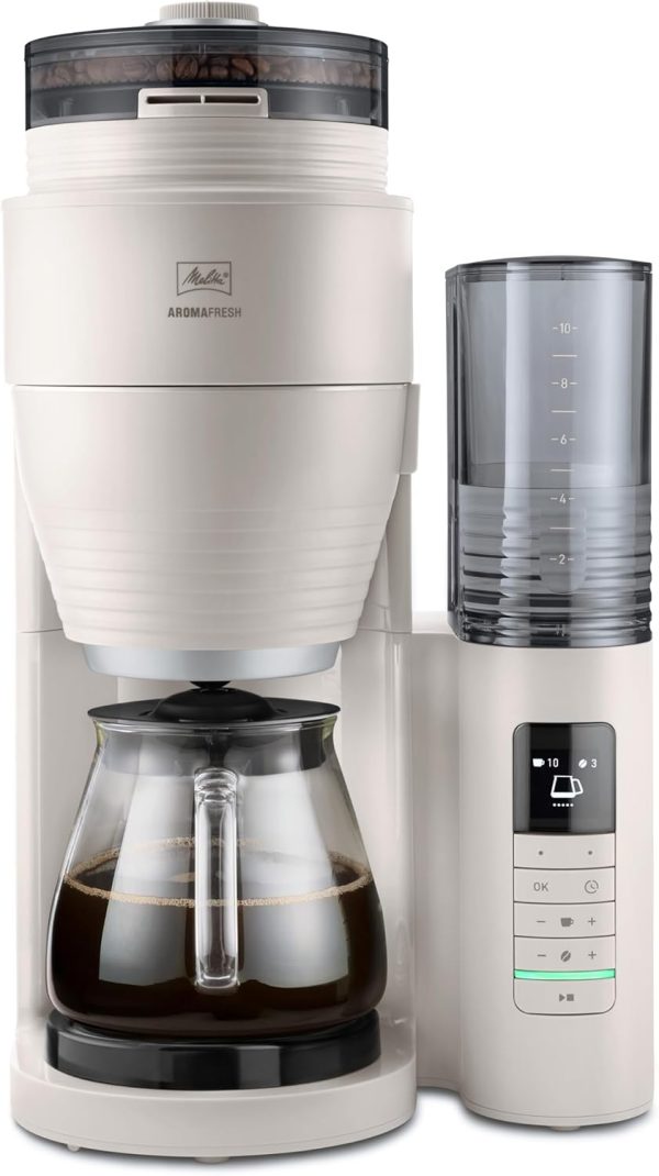 Melitta AromaFresh Pro X - Kaffeemaschine mit Mahlwerk, Filterkaffeemaschine mit Glaskanne und entnehmbarem Wassertank, für bis zu 10 Tassen Kaffee, warm-grey 1