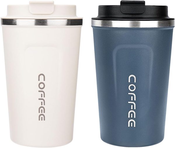 ERBO 2er Set Kaffeebecher to go, 380ml Thermobecher Edelsthal, Auslaufsicher Kaffeetasse Kaffeebecher mit Deckel, Coffee to go Becher, Thermobecher für Unterwegs, (Weiß + Blau) 1