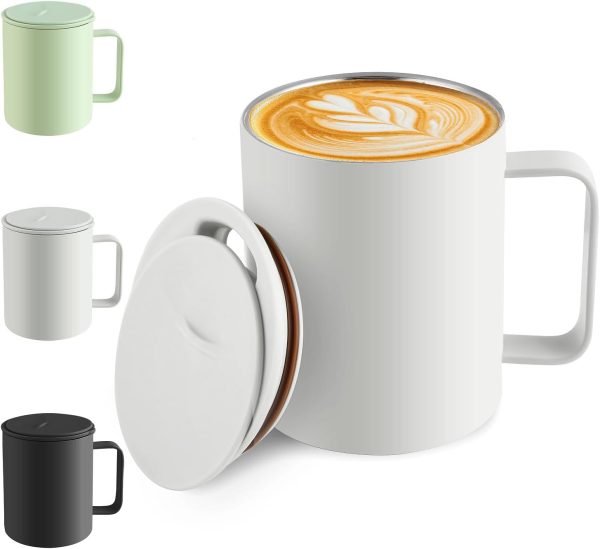Homealexa Kaffeebecher 400 ml Doppelwandiges Vakuum Thermo Kaffeebecher Kaffeetasse Thermobecher Kaffee- und Teetasse aus Edelstahl Thermobecher mit Griff und Schiebedeckel (Weiß) 1