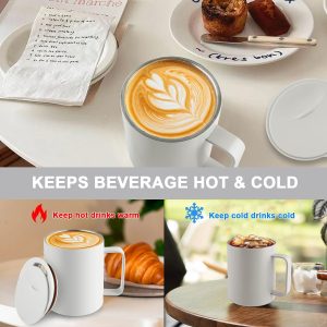 Homealexa Kaffeebecher 400 ml Doppelwandiges Vakuum Thermo Kaffeebecher Kaffeetasse Thermobecher Kaffee- und Teetasse aus Edelstahl Thermobecher mit Griff und Schiebedeckel (Weiß) 14