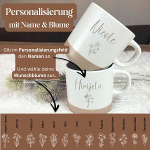 Personalisierte Tasse mit Namen und Gravur | Keramik Steingut Tasse mit Blumenmotiv | Geschenk für Freundin, Ehefrau oder Familie | Kaffeetasse 360ml groß | Geburtstags Geschenke Frauen (Name+Blume) 12