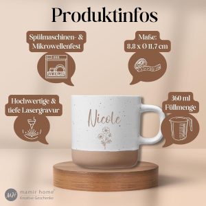 Personalisierte Tasse mit Namen und Gravur | Keramik Steingut Tasse mit Blumenmotiv | Geschenk für Freundin, Ehefrau oder Familie | Kaffeetasse 360ml groß | Geburtstags Geschenke Frauen (Name+Blume) 16