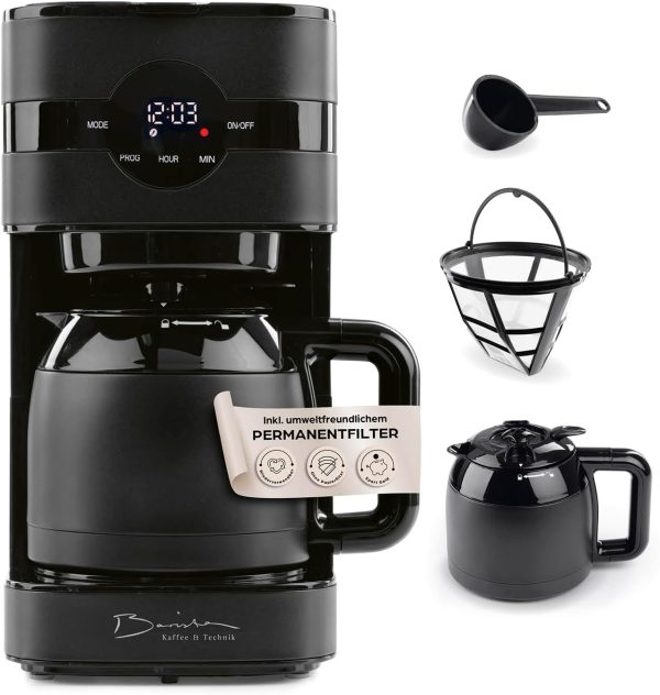Barista Filterkaffeemaschine mit Thermokanne | 24h Timer & Permanentfilter | Für 8 Tassen Kaffee | Kaffeemaschine für Pulver [Schwarz] 1