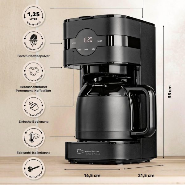 Barista Filterkaffeemaschine mit Thermokanne | 24h Timer & Permanentfilter | Für 8 Tassen Kaffee | Kaffeemaschine für Pulver [Schwarz] 7